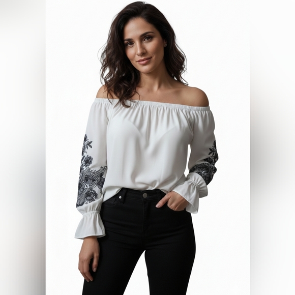 White House Black Market Tops - White House Black Market Off-Shoulder Top With Floral Embroidered Sleeves Size M